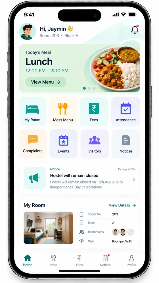 RoomPe app home screen showing today’s lunch, quick actions, a hostel notice and room details