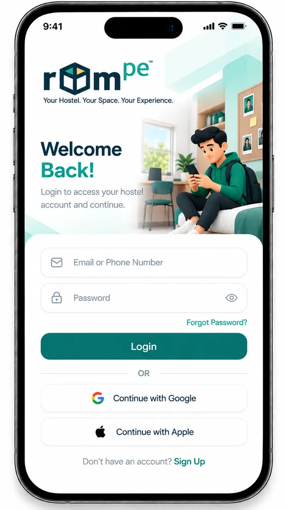 RoomPe app sign-in screen with the RoomPe logo, email or phone and password fields, and Google and Apple sign-in
