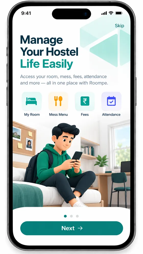 RoomPe app onboarding screen titled Manage Your Hostel Life Easily, with shortcuts for My Room, Mess Menu, Fees and Attendance