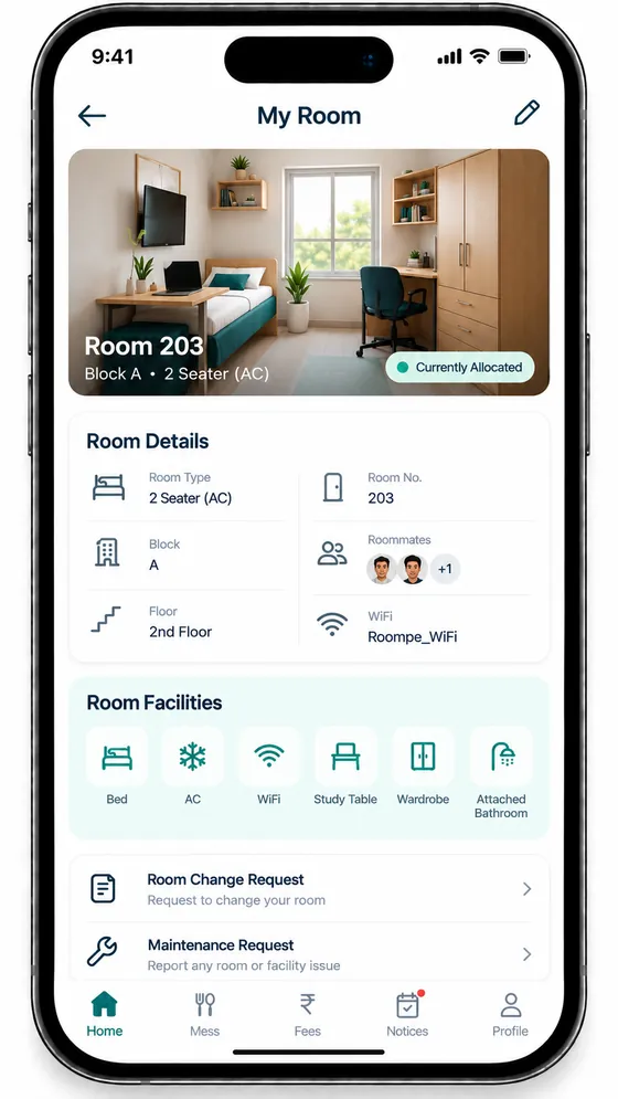 RoomPe app My Room screen showing room number, block, floor, room type, roommates, Wi-Fi, facilities, and room change and maintenance requests