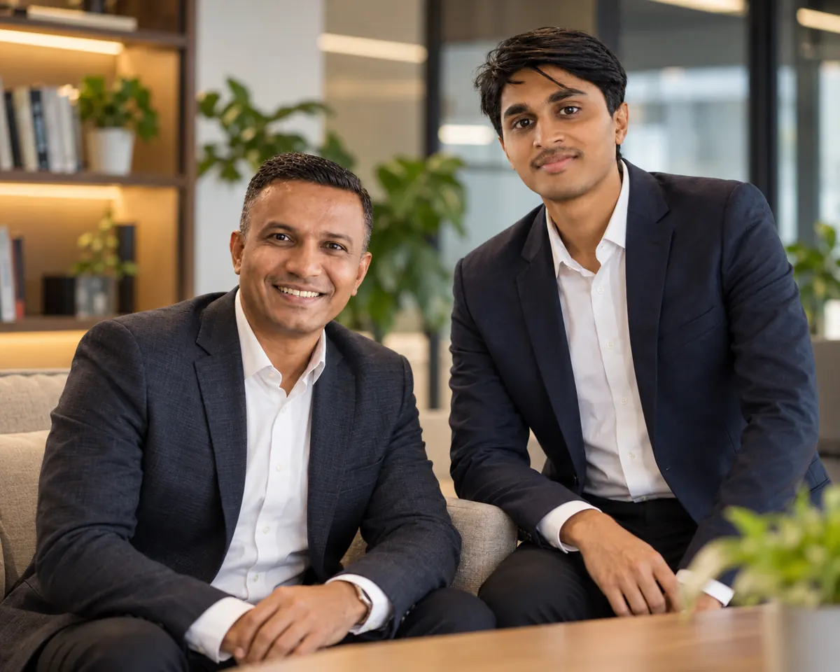 RoomPe co-founders Deval Patel and Satya Mehta in an office lounge